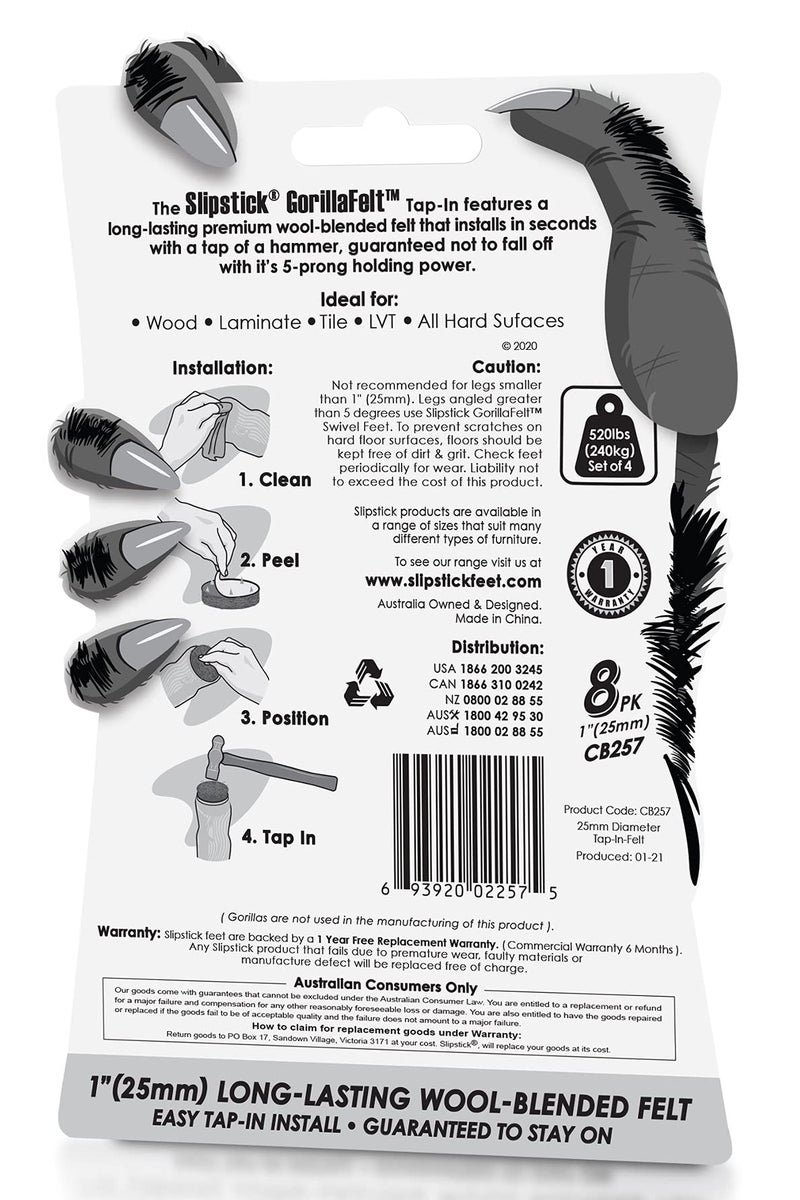 Slipstick GorillaFelt CB257 Chair Leg Floor Protectors/Felt Glides (Set of 8) Tap On Felt Furniture Pads Guaranteed to Stay On, 1 Inch Round Sliders - Image 5